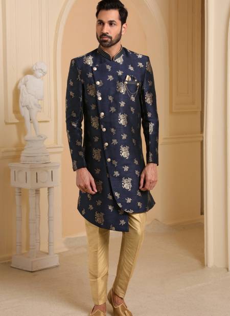 Navy Blue Colour Traditional Jacquard Silk Digital Print Party Wear Indo Western Mens Collection 9201